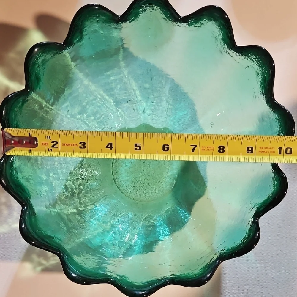 Blenko Glass #6143L Emerald Green 14 Scalloped Petal Lotus Bowl, by Wayne Husted